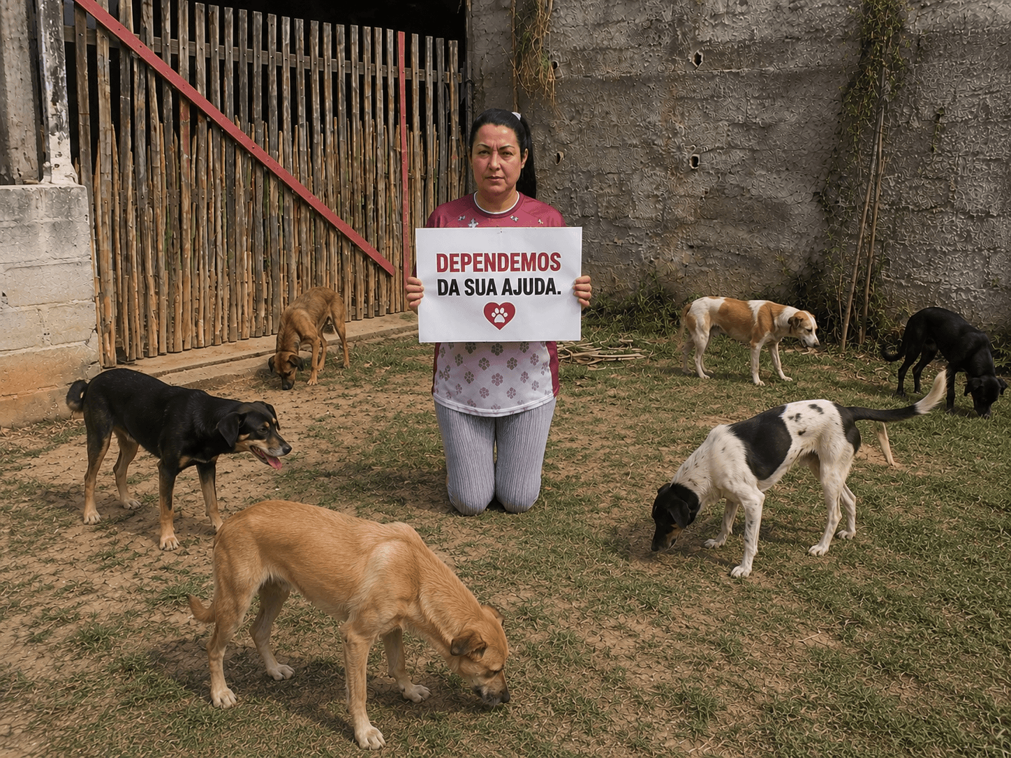 Tia Rê no abrigo com os cães e gatos resgatados
